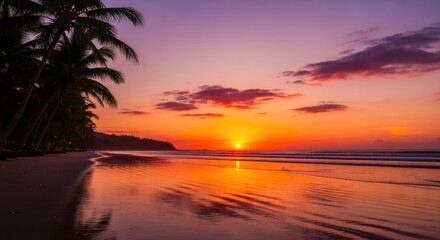 A serene beach scene with palm trees silhouetted against a vibrant sunset sky.