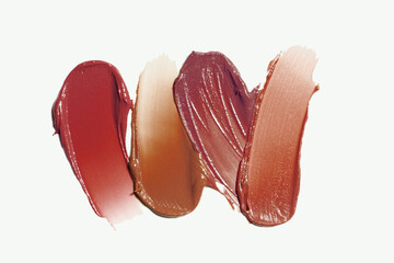 Cosmetic beauty product. Warm nude red brown plum blush lipstick lip balm three shades set neutral...