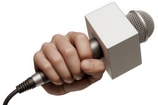 Hand holding a news microphone for interviews or broadcasting isolated on transparent background