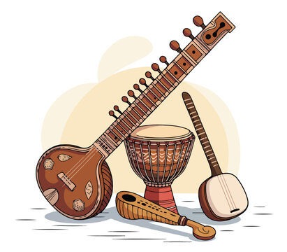 Set of Indian musical instruments including sitar tabla and ektara vector illustration for cultural events and music education
