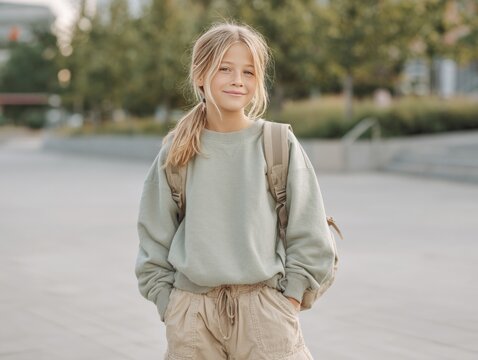 Young blonde girl student smiling wearing backpack outdoors