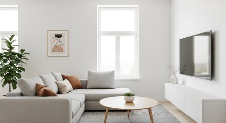 A minimalist living room with a white couch, coffee table, and TV, featuring a modern design with clean lines and a neutral color palette.
