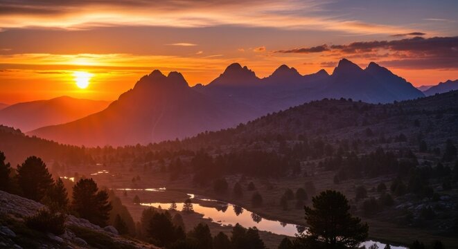A stunning sunset over a mountain range with a river flowing through it, with a person standing on a rocky outcrop in the foreground. - Powered by Adobe