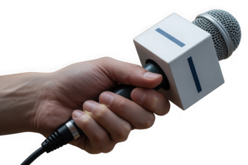 Hand holding a broadcast news microphone, ready for interview or reporting isolated on transparent background