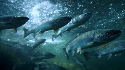 Majestic salmon swim in sunlit underwater realm. AI generated