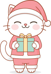 cute Santa cat character holding a pastel gift box