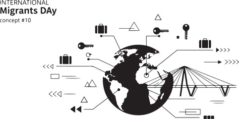 Fototapeta premium International Migrants Day Globe Bridge Suitcases Keys Arrows Concept world travel