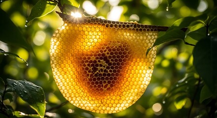 Honeycomb hanging from a tree branch illuminated by sunlight.