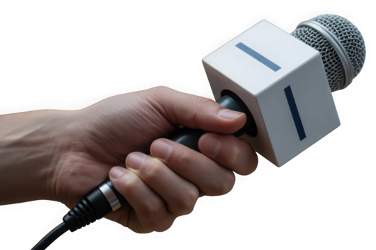 Hand holding a broadcast news microphone, ready for interview or reporting isolated on transparent background