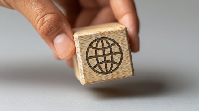 Wooden block with globe symbol held in hand, representing global connectivity, travel, and international communication in business or education setting