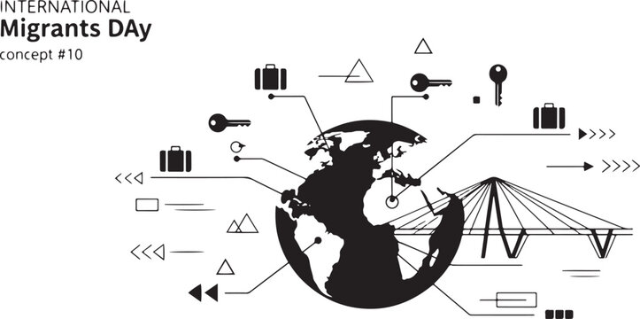 International Migrants Day Globe Bridge Suitcases Keys Arrows Concept world travel