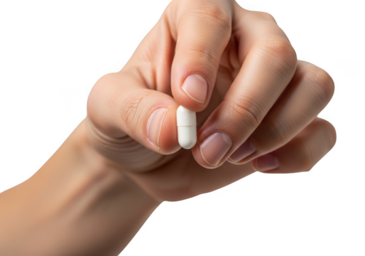 Close up of a human hand holding a single white capsule medication between thumb and forefinger isolated on transparent background