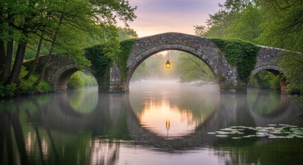 A serene, misty morning scene with a stone bridge spanning a calm river, surrounded by lush greenery and a single lantern hanging from the bridge's arch.