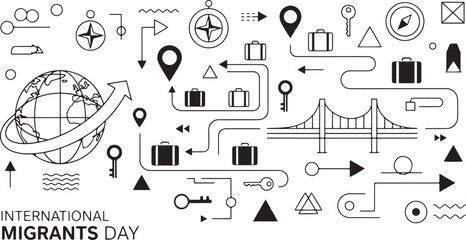 International Migrants Day with global travel and migration icons globe earth