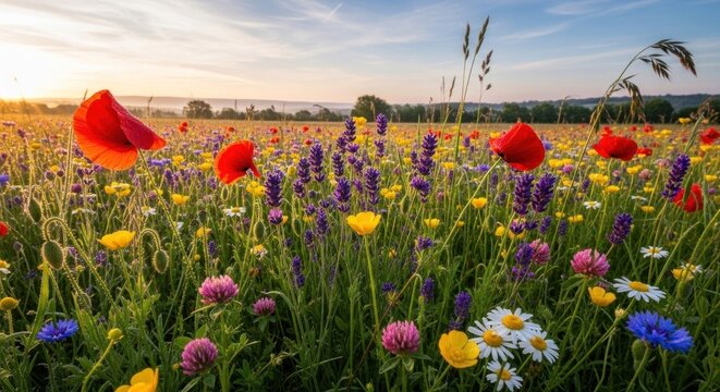 A vibrant meadow filled with colorful wildflowers and poppies, set against a serene, hazy sky at sunset.