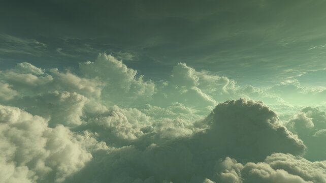 Dramatic green sky with sunlit clouds. AI generated