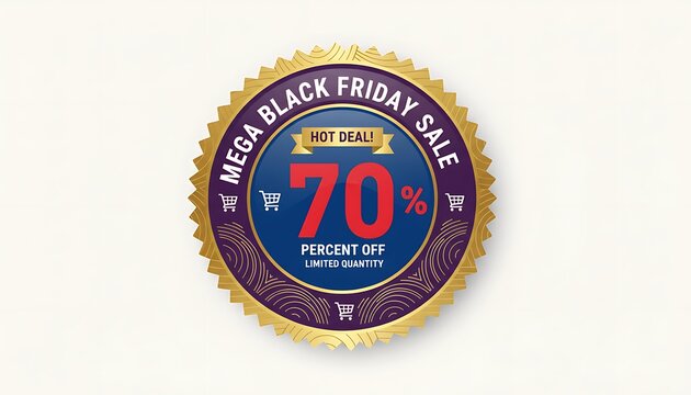 Oval shaped golden badge announcing a mega black friday sale with seventy percent off discount