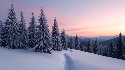 Snowy mountain landscape featuring snow-covered evergreen trees under a pastel sky. A path winds through the snow towards distant hills, inviting exploration and serenity.