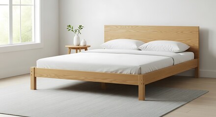Minimalist Wooden Bed Frame with White Linens in a Bright Room.