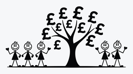 Money tree concept with stick figures and pound currency symbols