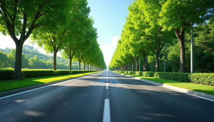 Symmetrical paved road lined with green trees creates path through vibrant sunlit landscape. Clear blue sky promises beautiful journey. Scenic route invites exploration, travel, offering peaceful