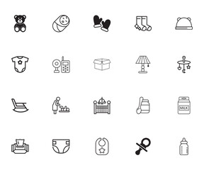 Newborn Accessories and Feeding Outline Collection Baby essentials line icons set linear style infant care, nursery, crib, bassinet, sleep sack, baby monitor, blanket, pacifier, nightlight, teddy bear