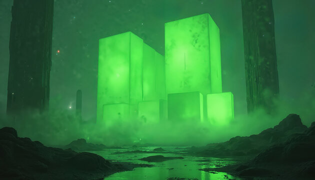 Glowing green cubes illuminate misty futuristic cityscape at night. Alien structures tower over rocky landscape, dark river. Mysterious sci-fi world surreal, gloomy, digital atmosphere for computer