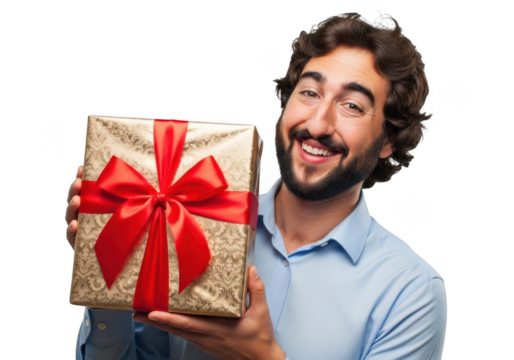 Joyful man with beard wearing a blue shirt presents a wrapped gift with a large red bow isolated on transparent background