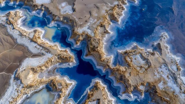 190Top-down view of salt flats with small ponds of varying hues, crystallized edges forming intricate patterns, contrasting with the deep blue of the sky