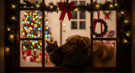 Dog and cat looking outside frosty window with festive decor
