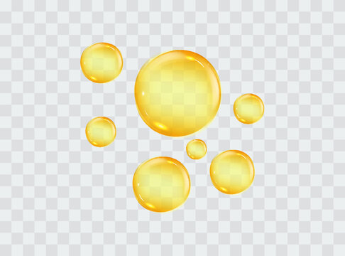 Oil drops on a transparent background. Yellow bubbles, vitamin C , collagen, cream, omega. Eps 10