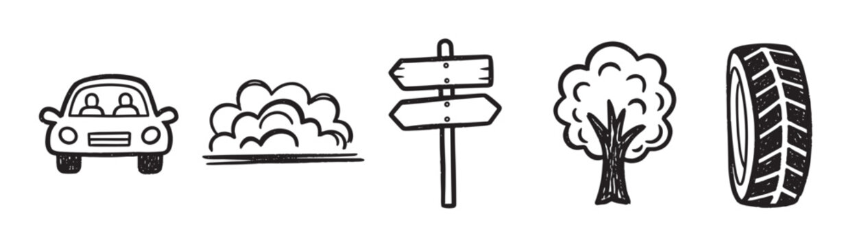 A collection of hand-drawn doodle icons representing a road trip, featuring a car, signpost, tree, tire, and a cloud of dust in a simple black and white sketch style