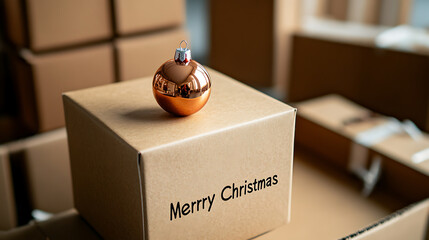 Holiday shipping in progress:  A shiny copper ornament rests atop a brown cardboard box labeled "Merry Christmas". Many boxes create a scene hinting at seasonal deliveries. #holidayshipping