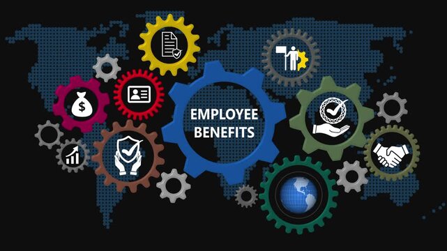 EMPLOYEE BENEFITS, International Organization for Standardization concept. Technology, Internet and network concept on world background 4k video