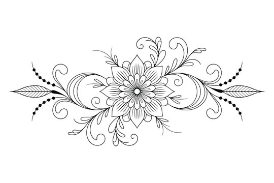 Black and white ornamental floral design with swirling vines and leaves line art