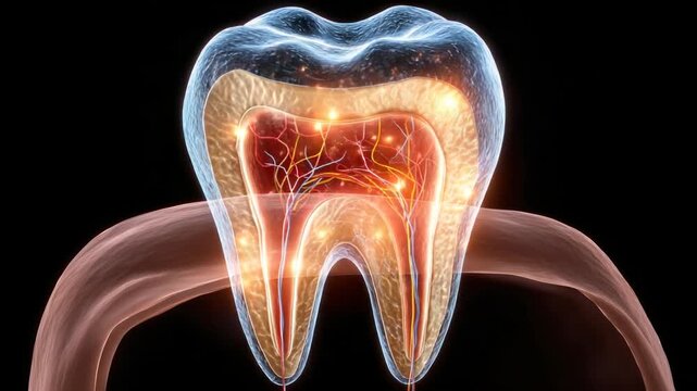 Cross-section of a tooth, showing layers of enamel, dentin, and pulp, with nerves and blood vessels
