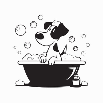 Cartoon Dog in Bathtub with Soap Bubbles Vector Illustration on white background