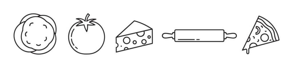 A set of minimalist black line art icons for pizza making, including dough, a tomato, a wedge of cheese, a rolling pin, and a finished slice, illustrating the cooking process