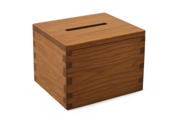 Wooden donation box for charity and saving money, collecting funds for social causes, transparent background