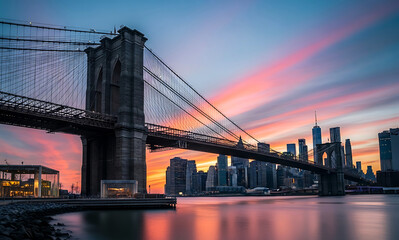 Obraz premium Brooklyn Bridge at Sunset Cityscape View with Skyline in Colorful Sky