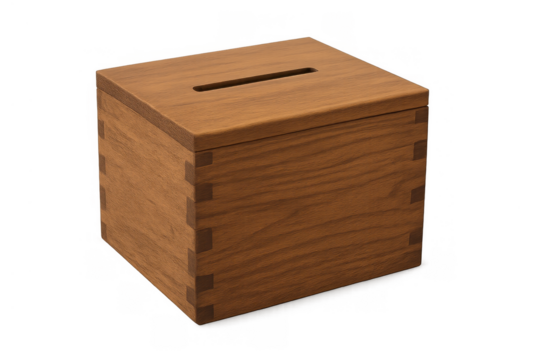 Wooden donation box for charity and saving money, collecting funds for social causes, transparent background