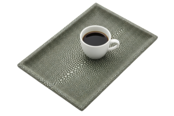White cup of black coffee on a gray textured shagreen tray isolated on transparent background