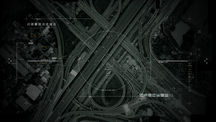 Aerial surveillance, military reconnaissance view of a complex highway interchange with HUD...