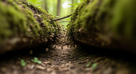 Mossy Forest Path Between Fallen Logs.