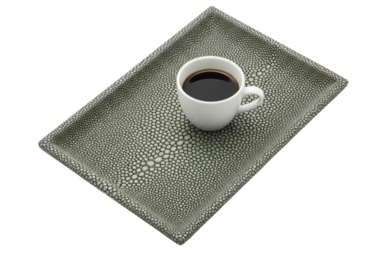 White cup of black coffee on a gray textured shagreen tray isolated on transparent background