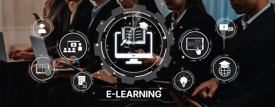 E-learning concept showcases digital icons of education and technology as professionals engage in virtual training, illustrating innovation in modern learning environments. Trope