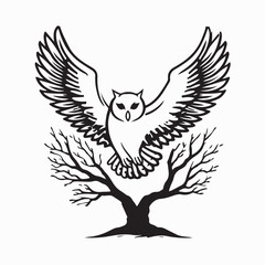 Owl Taking Off from Large Tree with Wings Spread vector isolated on white background