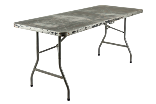 Old weathered metal folding table with a scratched surface isolated on transparent background