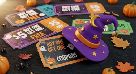 Vibrant Halloween sale concept featuring a purple witch hat and discount coupons on a dark table with autumn decor