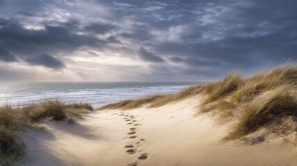 Windy beach path through sand dunes at sunset. AI generated